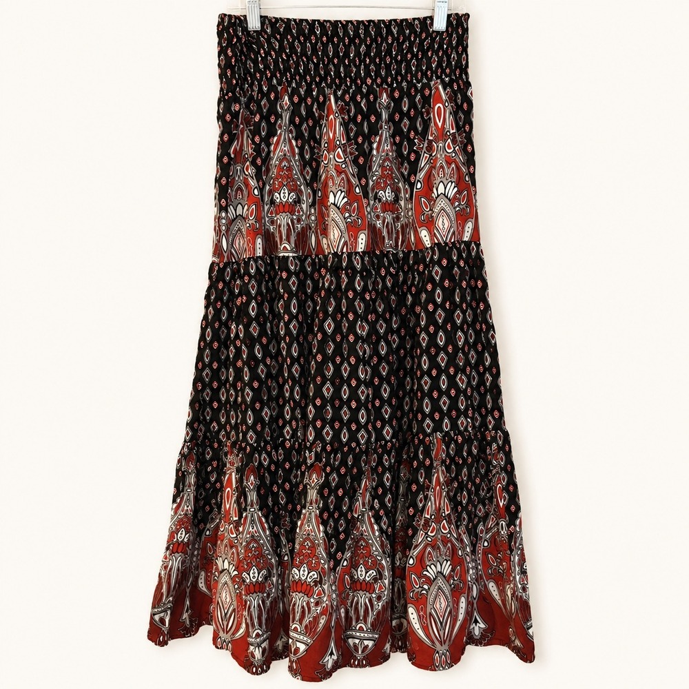 Andrew‎ Co Skirt Junior M Midi Black Red White Print Elastic Waist Boho Festival